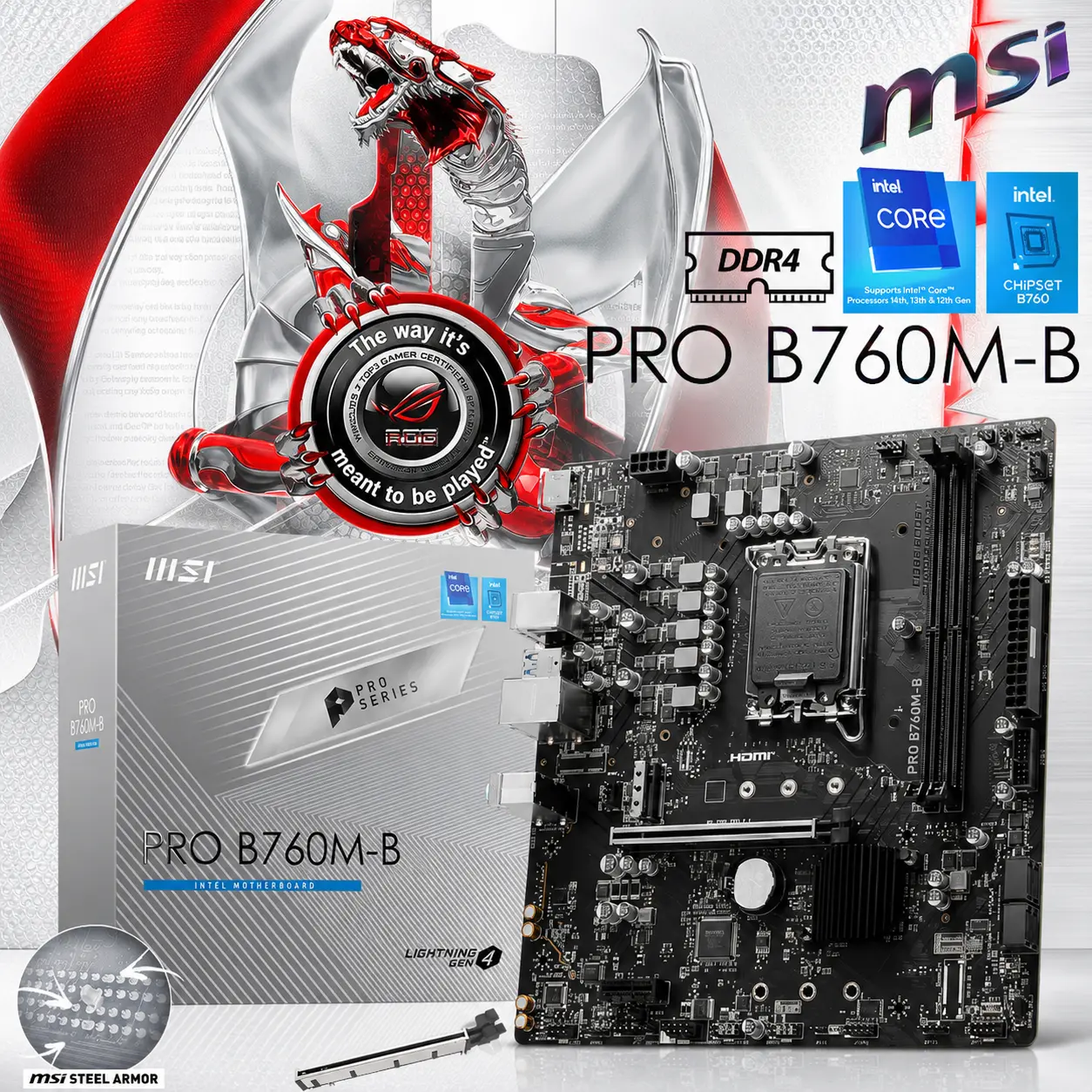 MSI PRO B760M-B DDR4 mATX Motherboard LGA 1700 Support Intel® Core™ 14th/ 13th/ 12th Gen Processors ; Dual Channel DDR4 4800+MHz (OC) ; PCIe 4.0, Lightning Gen4 x4 M.2 ; 2.5G LAN ; Steel Armor | 1 YEAR WARRANTY
