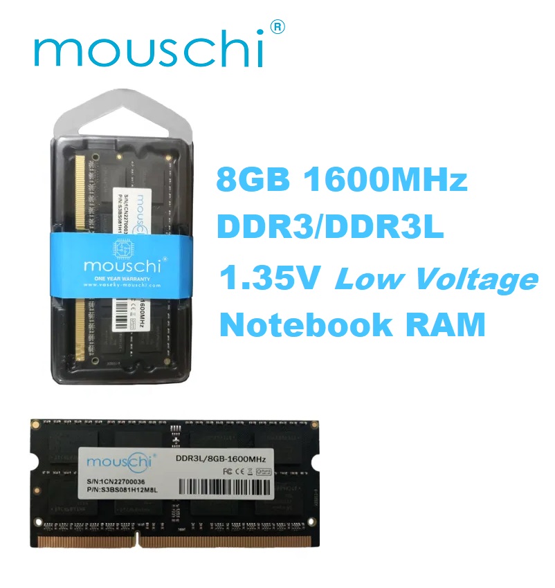 Mouschi 8GB DDR3/DDR3L 1600MHz PC3L-12800 (PC3-12800) CL11 SODIMM 2Rx8 1.35V 204-Pin Non-ECC SO-DIMM Laptop, Notebook RAM Memory Module