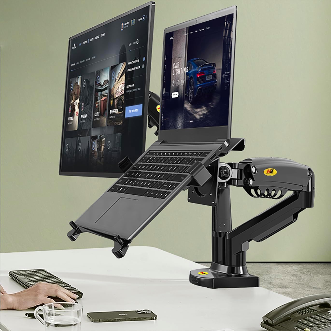 Laptop Mount with Adjustable Tray for 10-17” Notebook, Full Motion Arm with VESA Plate for 17-30” Monitor, Clamp-on Grommet Mounting
