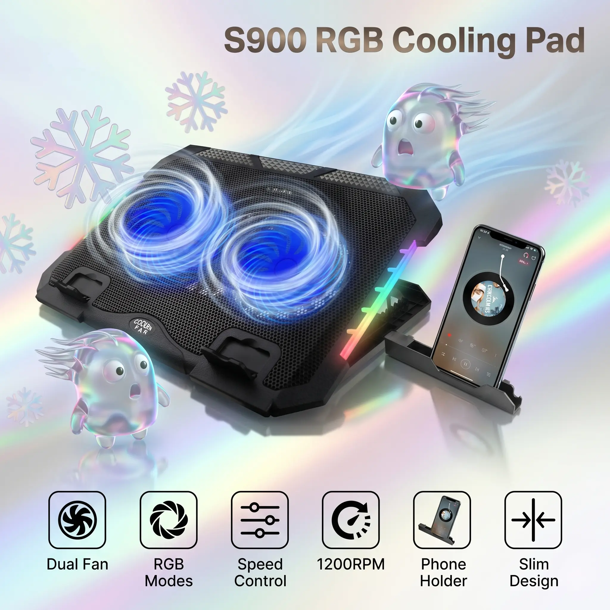 S900 Gaming Laptop Cooling Pad For 12”–17” Laptops, Dual 140mm Fans 1200RPM, RGB 10 Modes + Blue LED Fans, Adjustable Speed Pulley, USB Powered 5V, Slim Design With Phone Holder