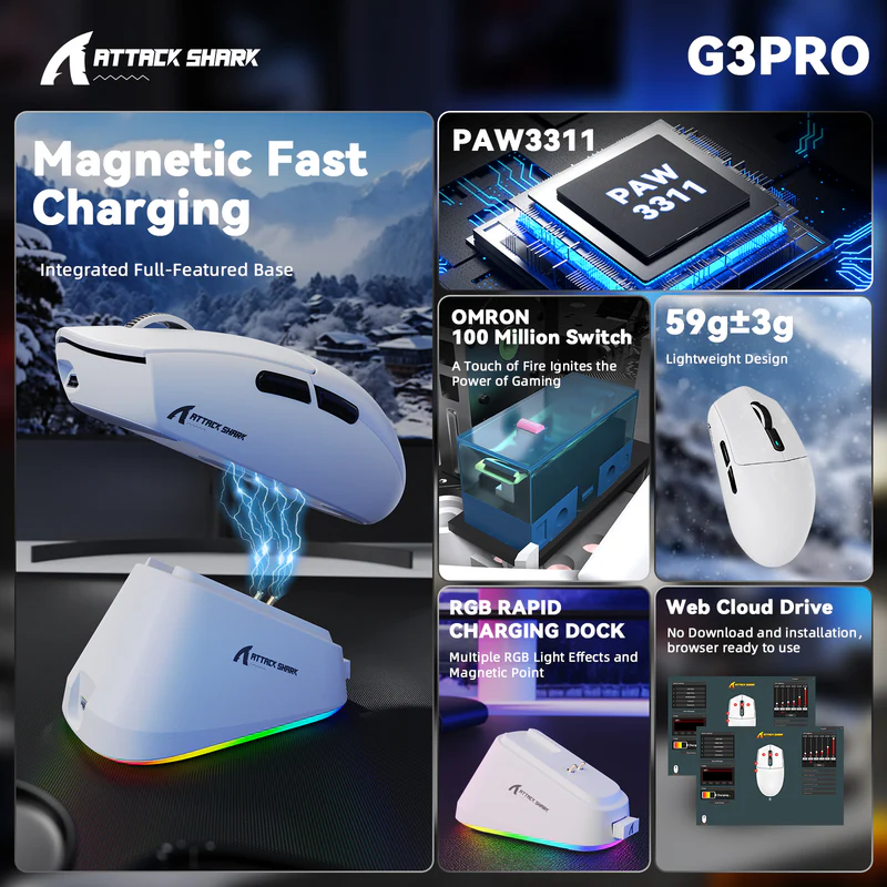 ATTACK SHARK G3 PRO Tri-Mode Wireless Gaming Mouse with RGB Charging Dock, 25,000 DPI, Ultra-Light 59g, PAW3311 Sensor, Omron 100M Switches – White