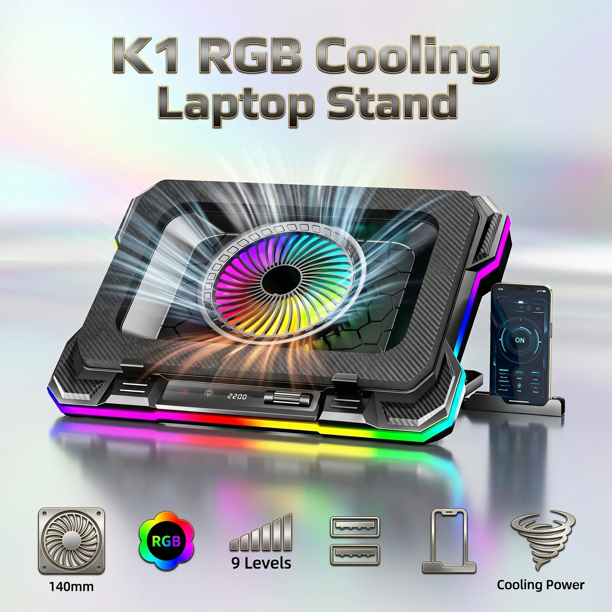 K1 Laptop Cooling Stand For 14”–19” Laptops, 9-Level Adjustable Height, 140mm Fan 2200RPM, RGB 10 Modes With LCD Control, Dual USB 2.0, Phone Holder, Metal Build