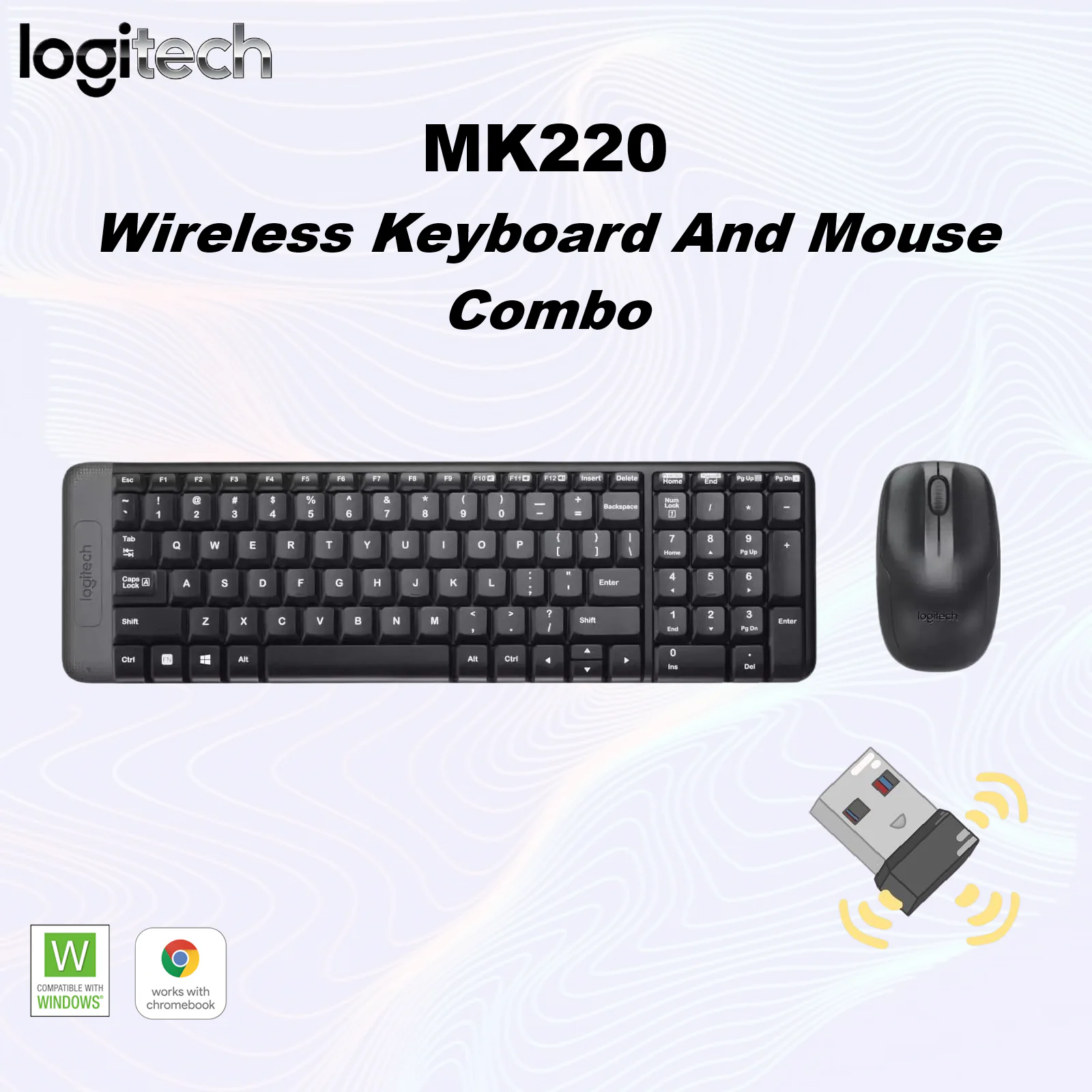 Logitech MK220 Wireless Keyboard And Mouse Combo – Compact Design, Spill-Resistant Keys, Ambidextrous Optical Mouse, 10 m Range, 24-Month Battery Life, USB 2.4GHz Receiver, Supports Windows & ChromeOS | BLACK