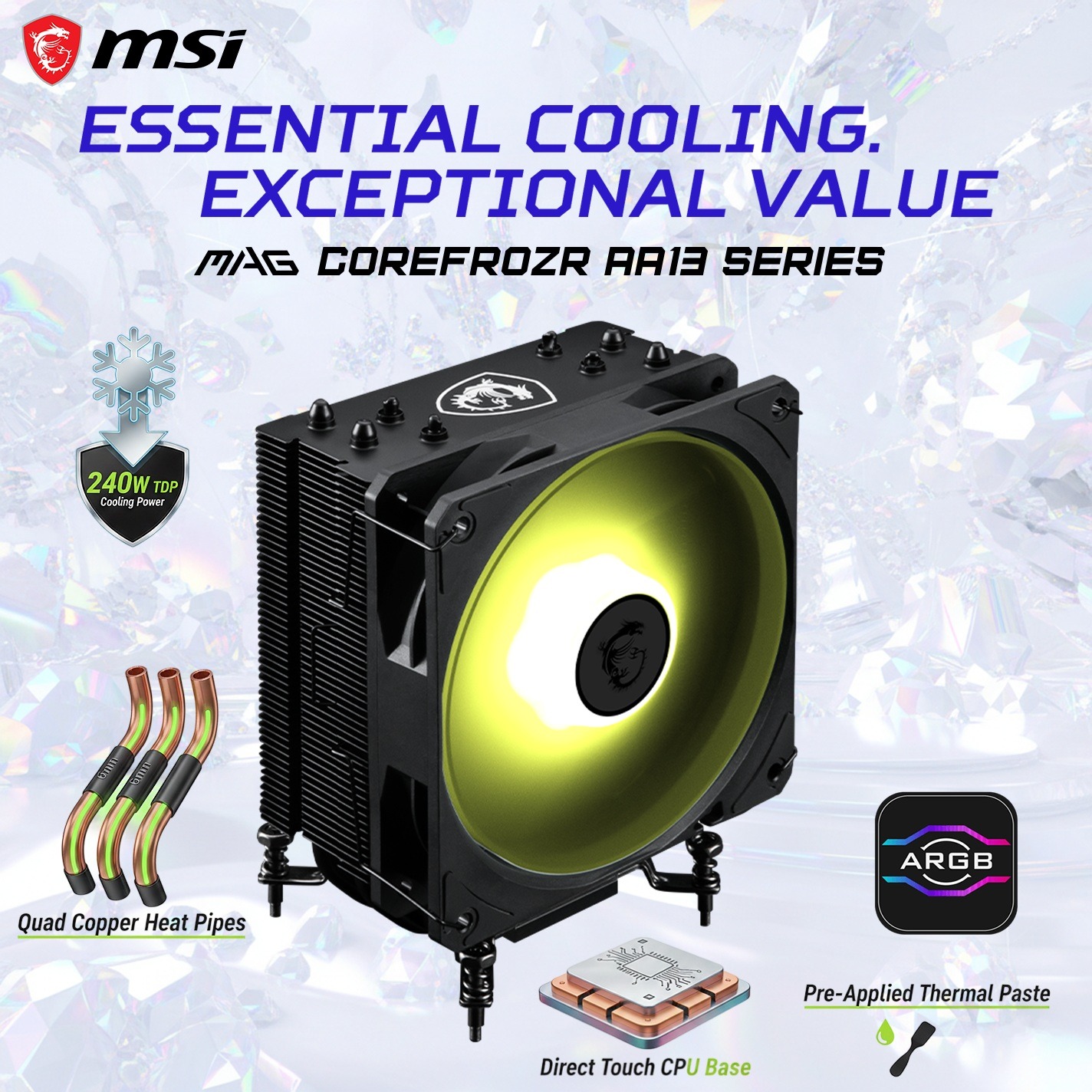 MSI MAG COREFROZR AA13 ARGB CPU Air Cooler With 240W TDP, Quad 6mm Heat Pipes, 120mm CycloBlade7 Fan, Intel LGA 1700/1851 & AMD AM4/AM5 Support | Black
