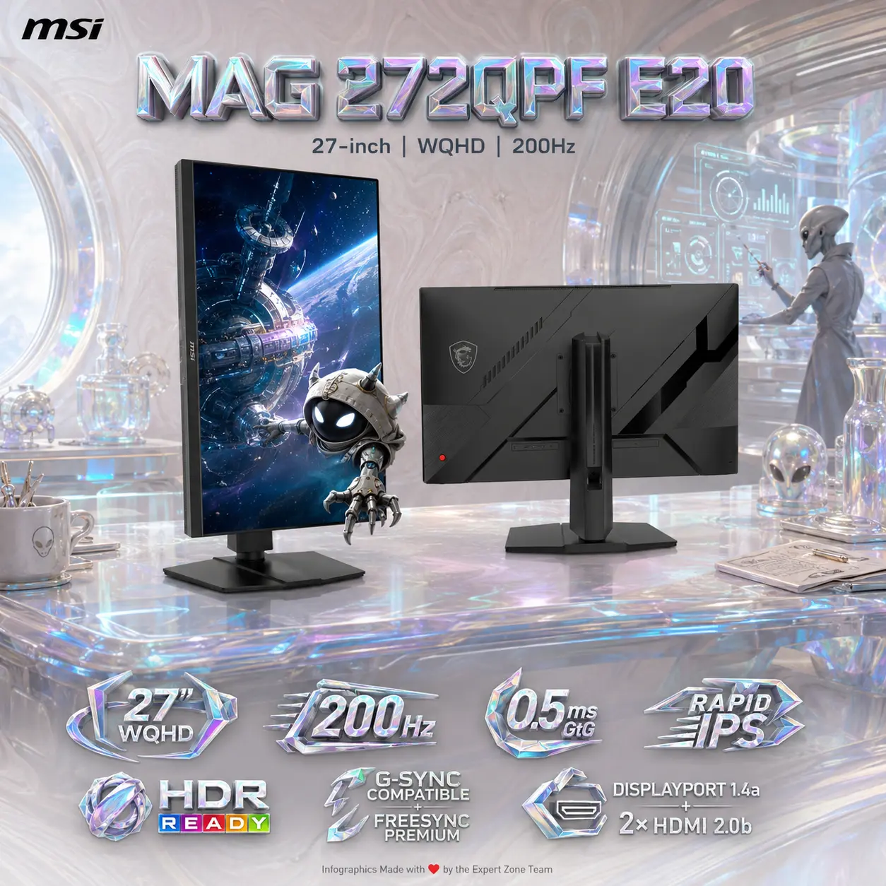 MSI MAG 272QPF E20 27-Inch WQHD Rapid IPS Gaming Monitor – 200Hz, 0.5ms GtG, HDR Ready, G-SYNC Compatible, FreeSync Premium, HDMI 2.0b, DP 1.4a, PIP/PBP, VRR & 4-Way Stand