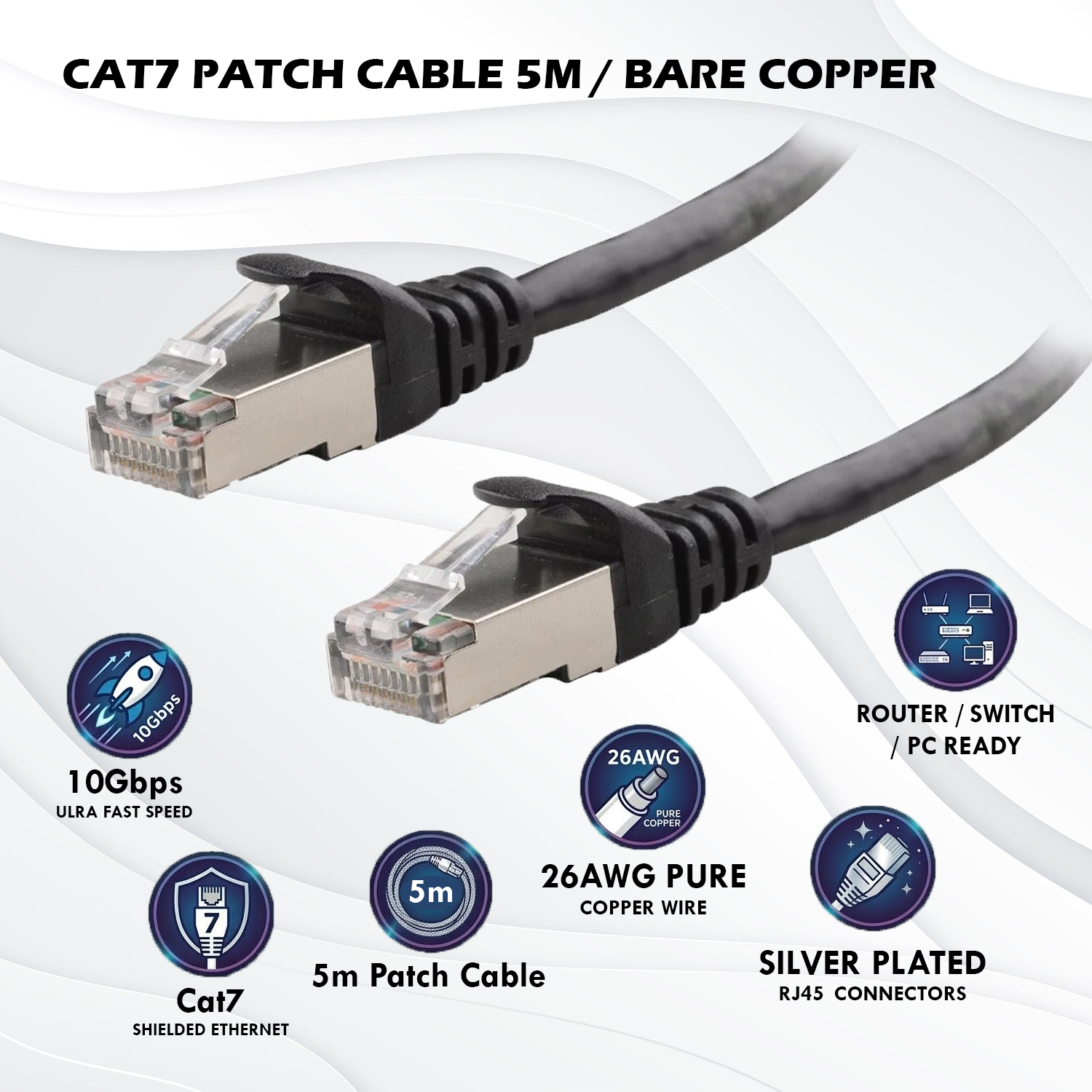 5m Cat7 SFTP Shielded Ethernet LAN Patch Cable With 26AWG Copper Wire, Gold Plated RJ45 Connectors, 10Gbps Speed, 600MHz Bandwidth, LSZH Jacket, Snagless Design