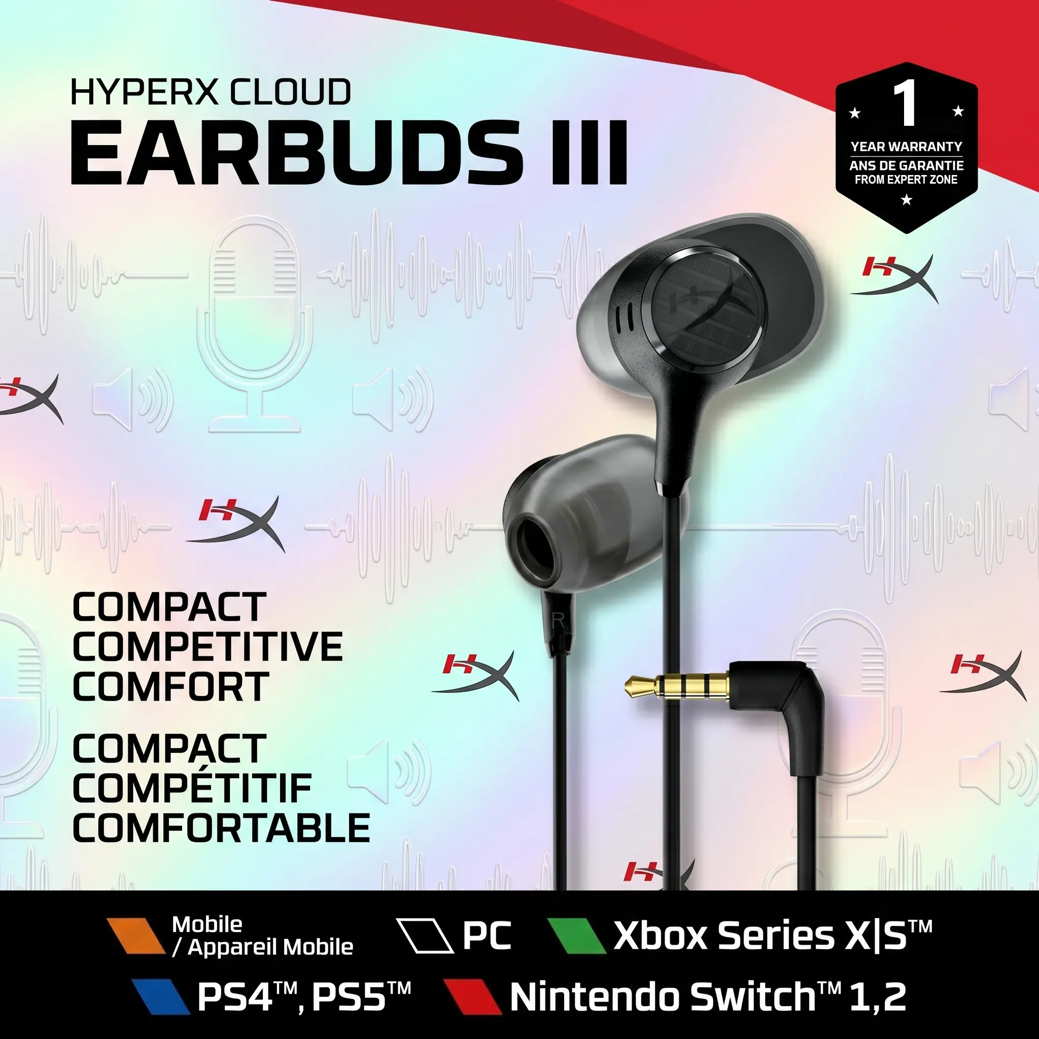 HyperX Cloud Earbuds III Wired Gaming Earbuds, 14.3mm Dynamic Drivers, 3.5mm Angled Plug, Inline Mic & Controls, XS-L Tips, PC, Switch & Console Controller Compatible | BLACK