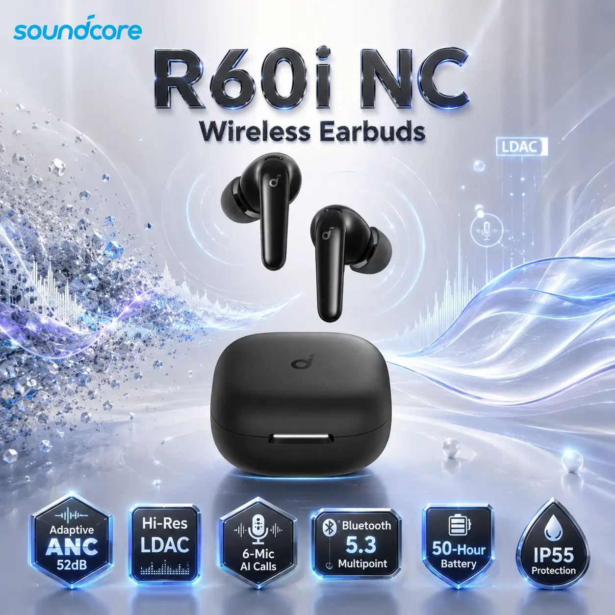 Anker Soundcore R60i NC Wireless Earbuds, Adaptive ANC Up to 52dB, Hi-Res LDAC Audio, Bluetooth 5.3 Multipoint, 6-Mic AI Calls, 50-Hour Battery, Fast Charge, IP55, Black