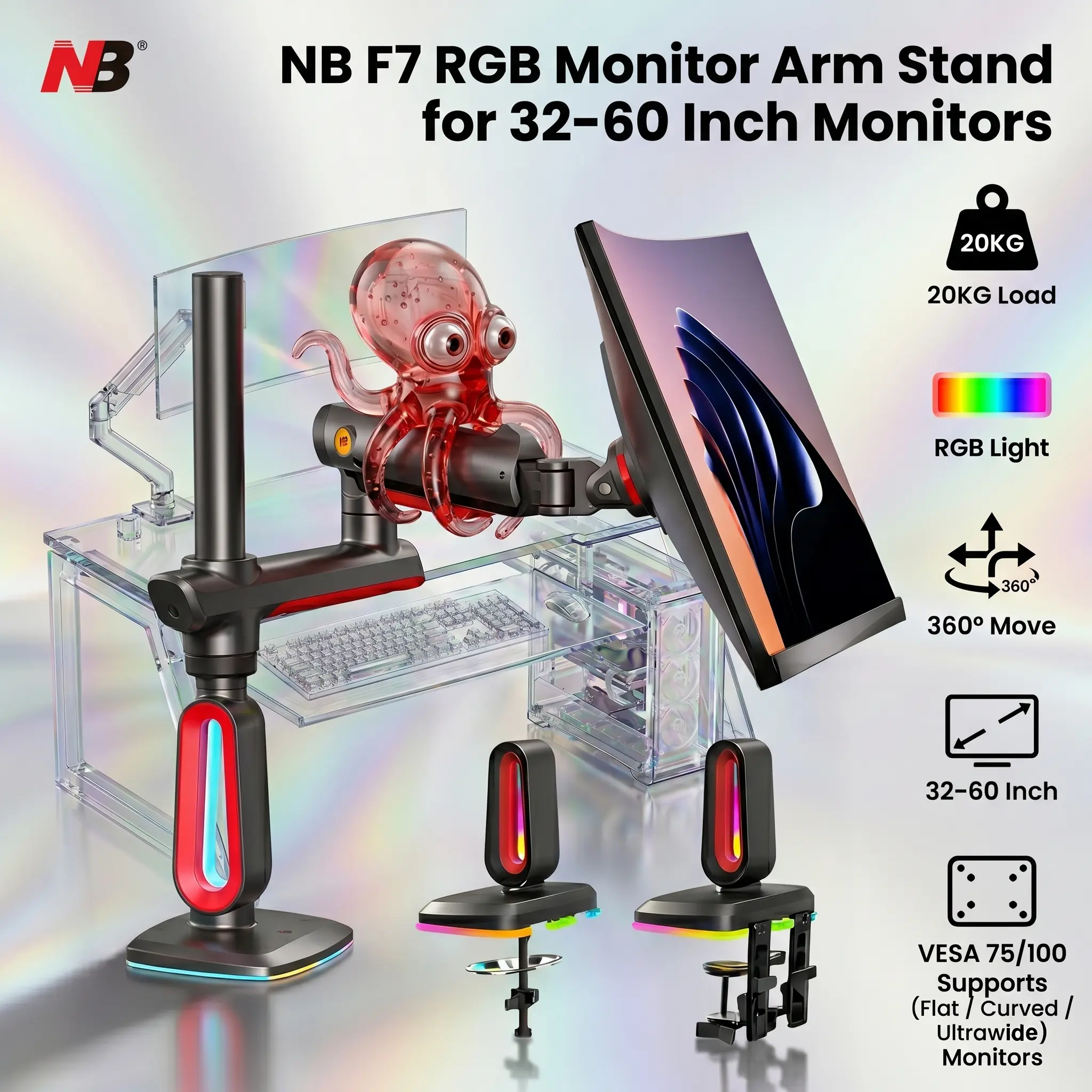 NB F7 Extra Height RGB Gaming Monitor Arm 32–60 Inch 20KG Load, VESA 75/100, Aluminum, Full Motion 360° , Clamp/Grommet Moutable, Cable Management, Long Arm Extension, for (Flat / Curved / Ultrawide) Monitors | RED