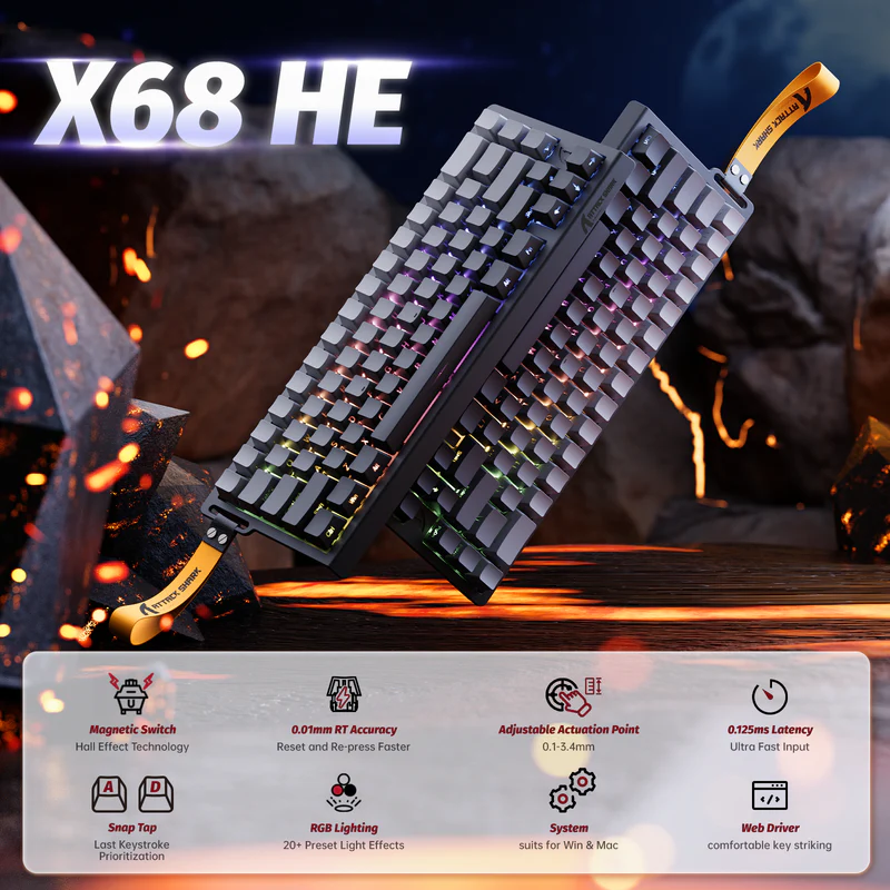 Attack Shark Moonlit Night Magnetic Gaming Keyboard – 60% Layout, 0.01mm Rapid Trigger, 8KHz Polling, Adjustable Hall Switches, RGB, USB-C, PBT Keycaps – Wired