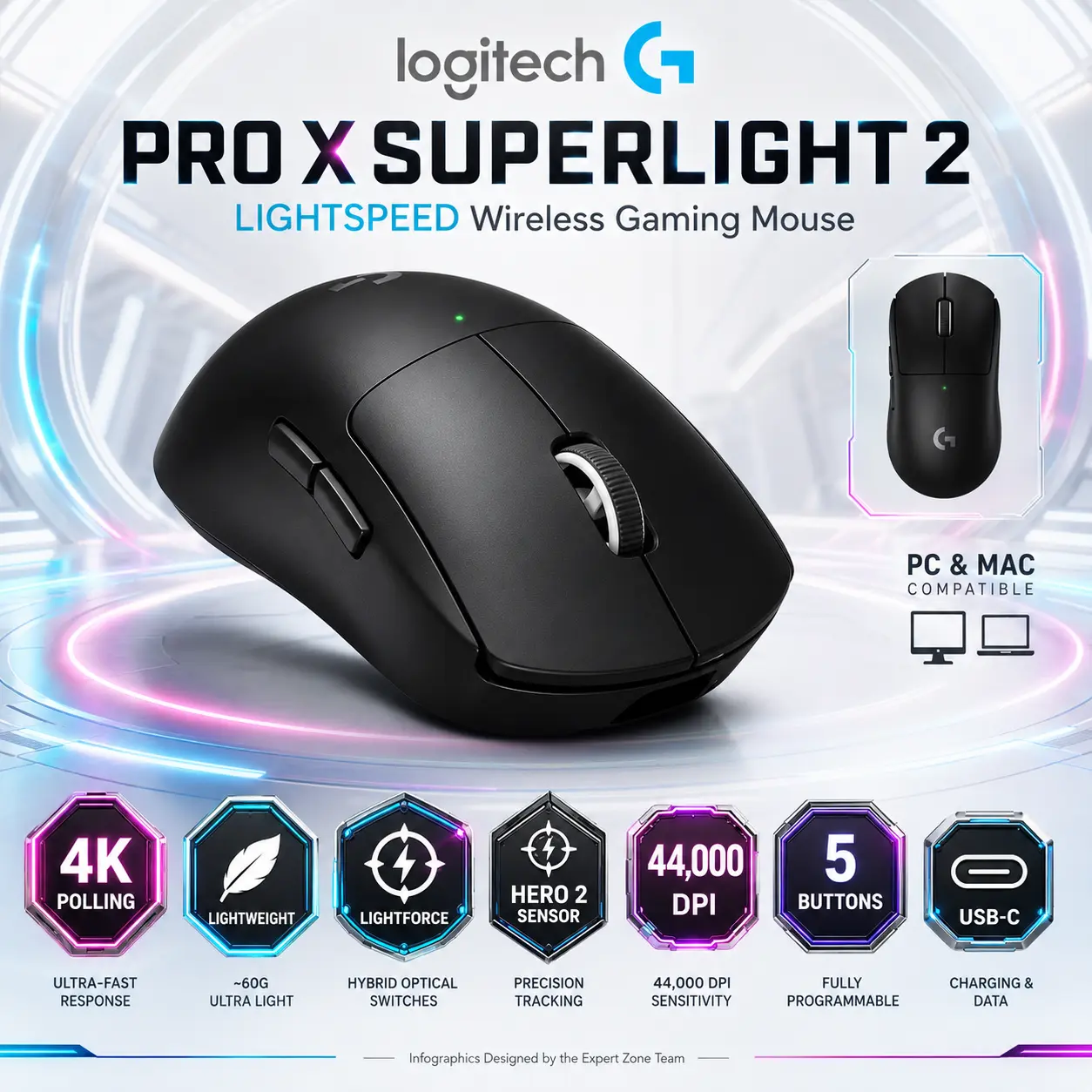 Logitech G PRO X SUPERLIGHT 2 LIGHTSPEED Wireless Gaming Mouse, 4K Polling, Lightweight, LIGHTFORCE Hybrid Switches, HERO 2 Sensor, 44,000 DPI, 5 Programmable Buttons, USB-C Charging, PC & Mac | Black 1 Month Warranty