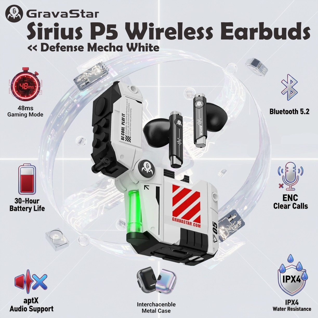GravaStar Sirius P5 Wireless Earbuds With 12mm Dynamic Drivers, Bluetooth 5.2, 48ms Gaming Mode, Interchangeable Shell Charging Case, ENC Calling, 30-Hour Playtime, IPX4 | Defense Mecha White
