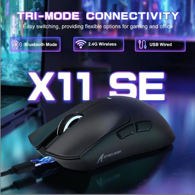 ATTACK SHARK X11-SE Ultra-Light Gaming Mouse – 59g Ergonomic Design, Tri-Mode BT5.2/2.4G/Wired USB-C, PixArt PAW3311 Sensor, 22,000 DPI, 5 Programmable Buttons
