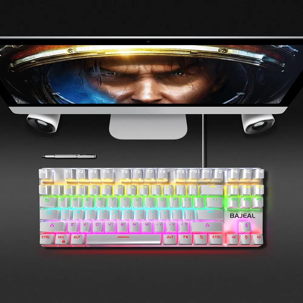 BAJEAL Wired Mechanical Keyboard TKL Wired RGB Backlit Hot Swappable Red Switches Gaming Keyboard , 80% Compact 87 Keys , Ergonomic Design | WHITE