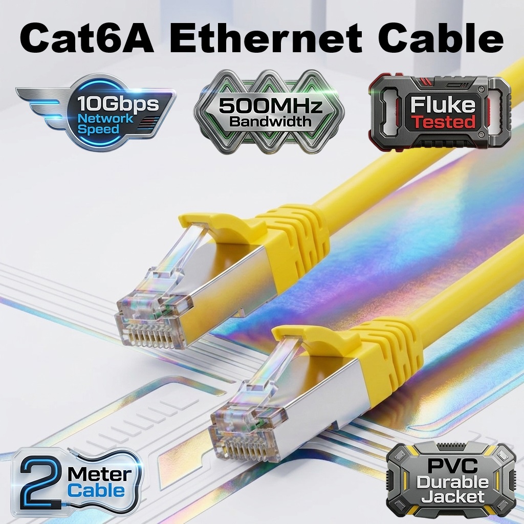 Cat6A Ethernet Cable 2 Meter – 10Gbps 500MHz Network Speed, Fluke Passed LAN Cable With 26AWG Bare Copper Core, Gold Plated RJ45 Connectors, UTP PVC Jacket For PC, Router, PS5, Xbox, TV, CCTV | YELLOW