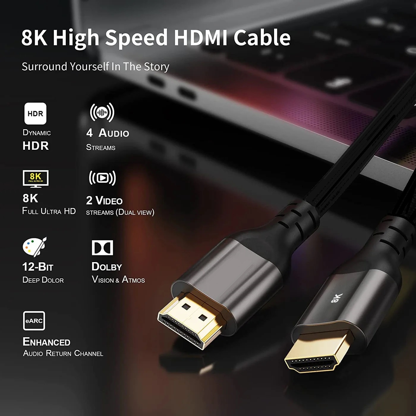 NCTS 8K HDMI to HDMI Cable , 48Gbps Ultra High Speed 3D Support 8K@60 4K@120 144Hz , Feature Dynamic HDR, eARC, Dolby Atmos – HDMI Cables for Monitors, HDTV, Projectors | 5 meters