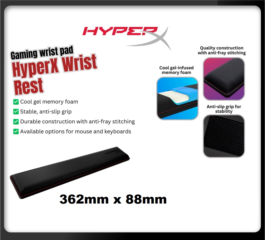 HyperX Wrist Rest Tenkeyless 362mm x 88mm – COOL GEL-INFUSED MEMORY FOAM – ANTI-FRAY STITCHING – ANTI-SLIP GRIP – Black