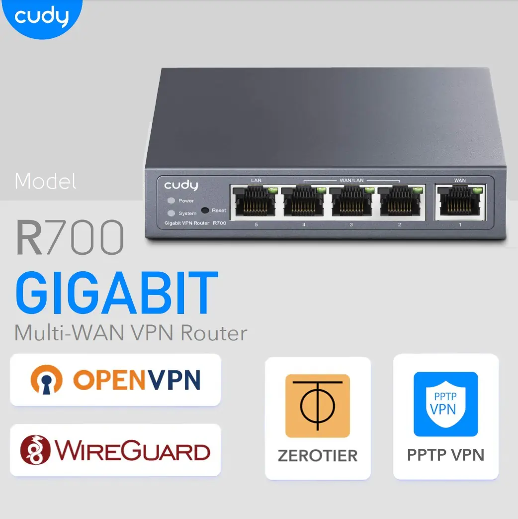Cudy Gigabit Multi-WAN VPN Router, Up to 4 Gigabit WAN Ports, SMB Router, Load Balance, Lightning Protection, PPTP L2TP WireGuard OpenVPN IPsec VPN Router | R700 | NO WARRANTY