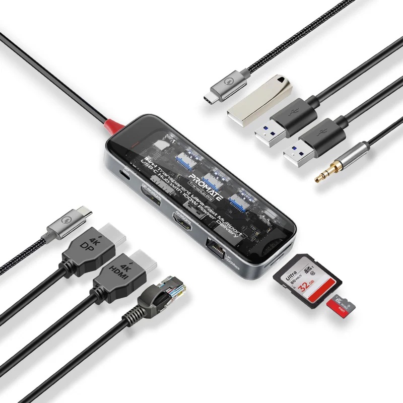 TransHub-Pro 11-in-1 Transparent Ultra-Fast Multiport USB-C Hub with 100W Power Delivery – ( USB-C 100W , 4K HDMI , 4K Display Port , Ethernet , 5V USB-A 3.0 , 5V USB-A 2.0 , USB-C Data , SD/TF , AUX Port )