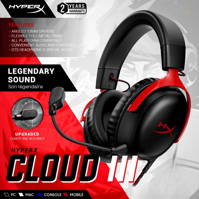 HyperX Cloud III – Wired Gaming Headset, PC, PS5, Xbox Series X|S, Angled 53mm Drivers, DTS Spatial Audio, Memory Foam, Durable Frame, Ultra-Clear 10mm Mic, USB-C, USB-A, 3.5mm | Black/Red 727A9AA