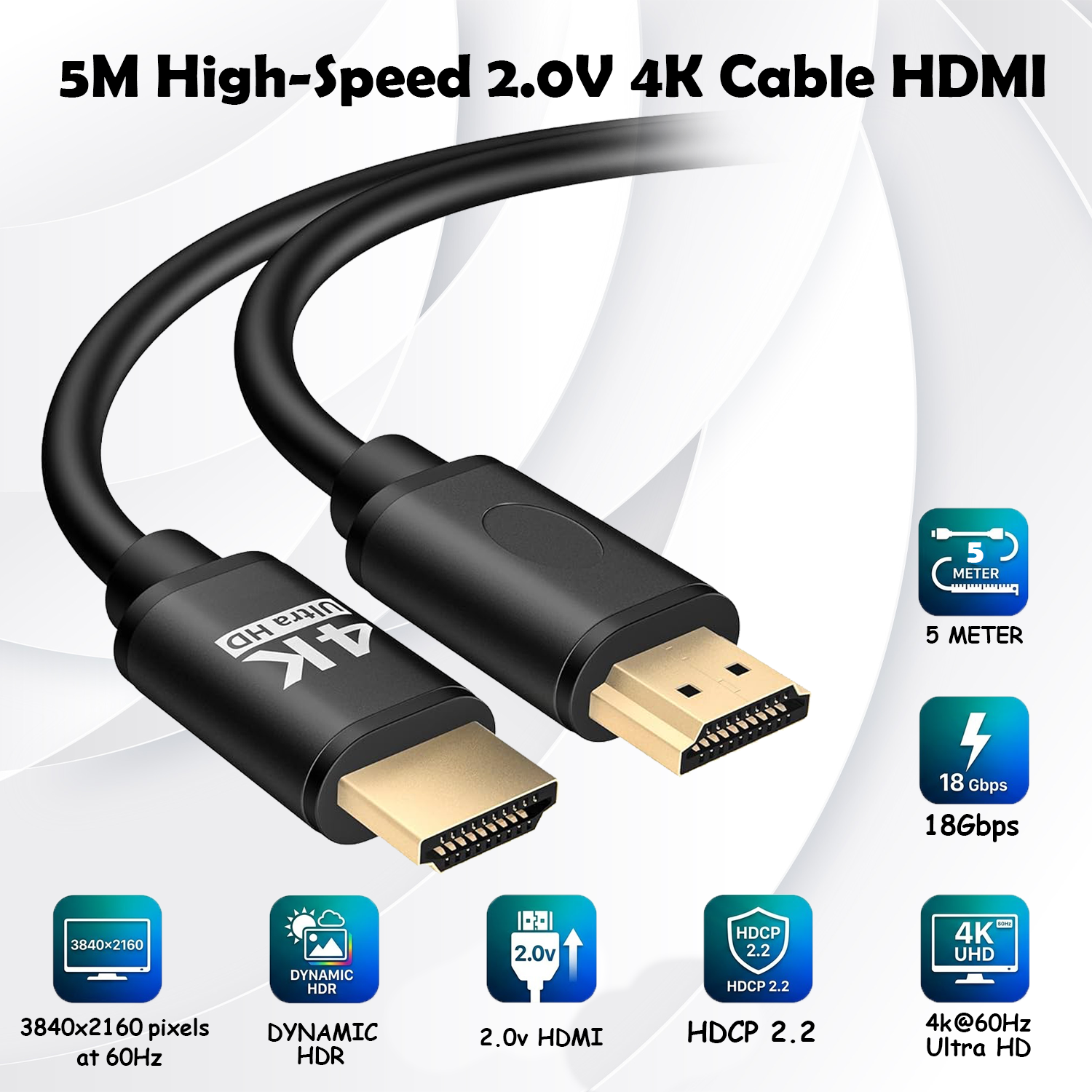HDMI 4K Cable 2.0V 5M High-Speed 18Gbps 3840×2160@60Hz 3D Dynamic HDR HDCP2.2 Mirror Extend Game Mode for TV PC Console Gaming